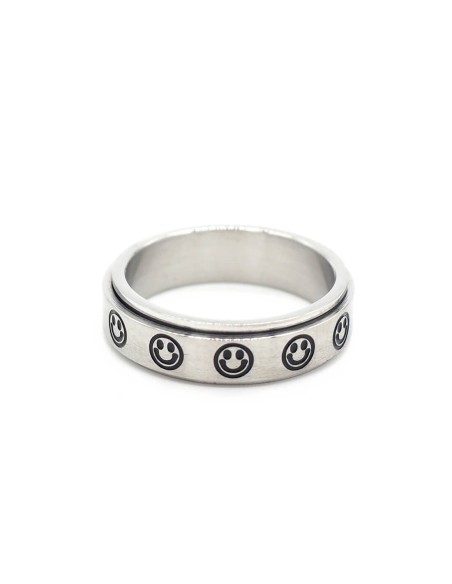 Bague anti-stress rotative Smiley argentée