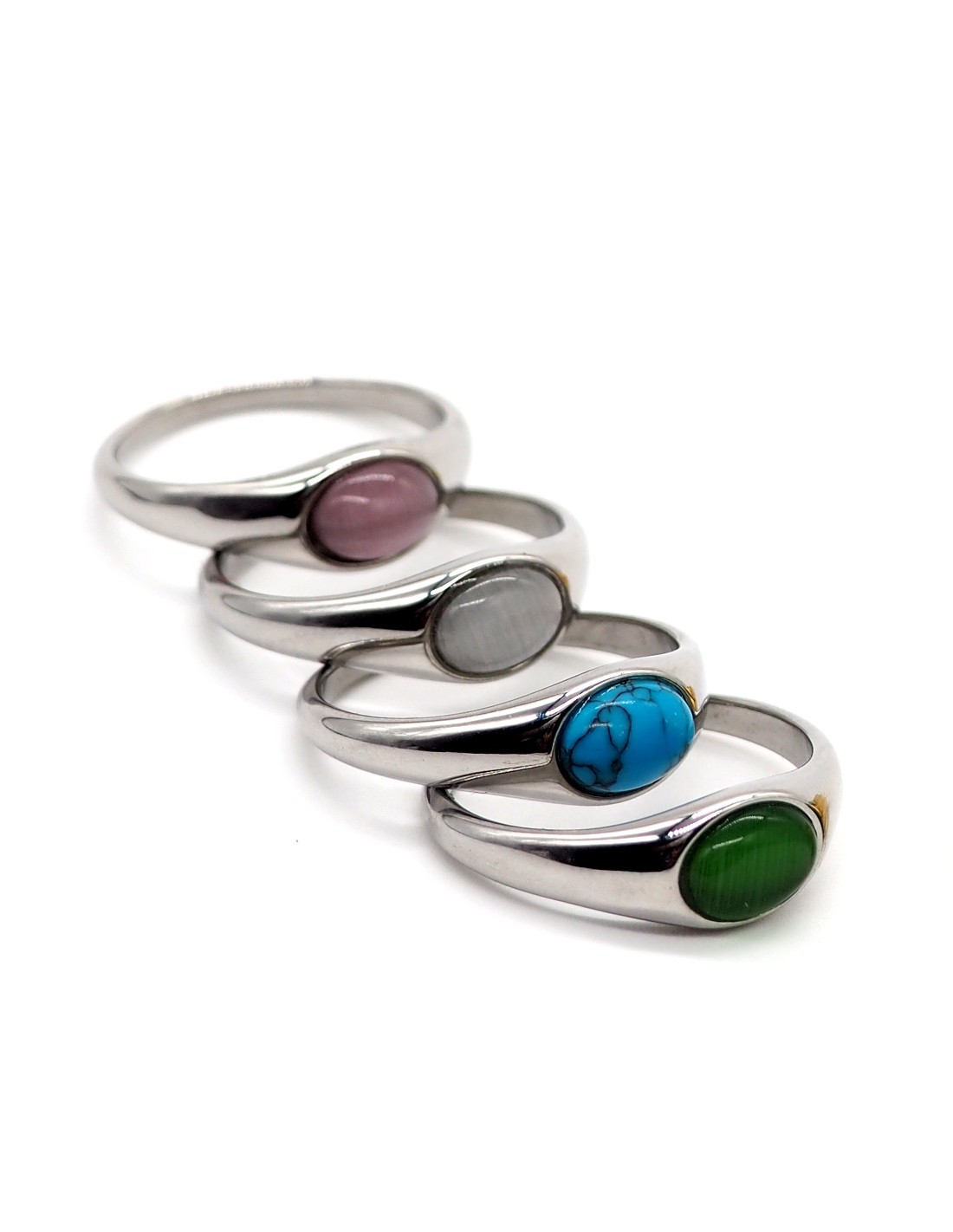 bague cabochon oeil de chat argentée pierre de couleur