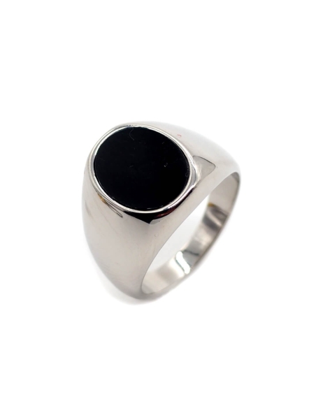 bague chevaliere argentee pierre noire ovale