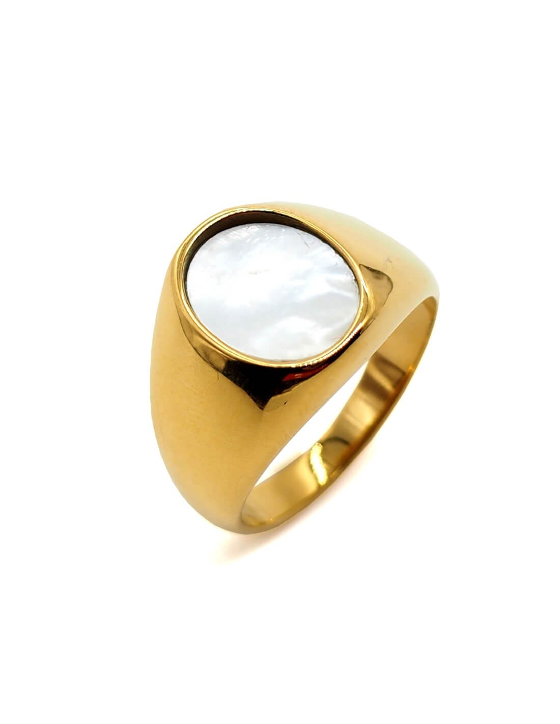 bague chevaliere doree pierre ovale nacre