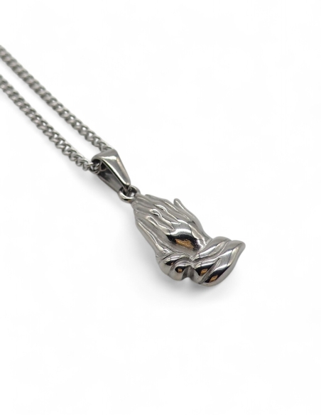 collier mains qui prient acier inoxydable argenté