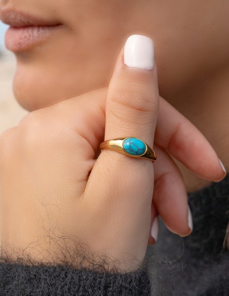 bague dorée oeil de chat turquoise