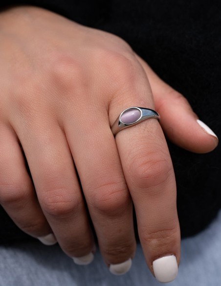 bague cabochon oeil de chat rose et argentée
