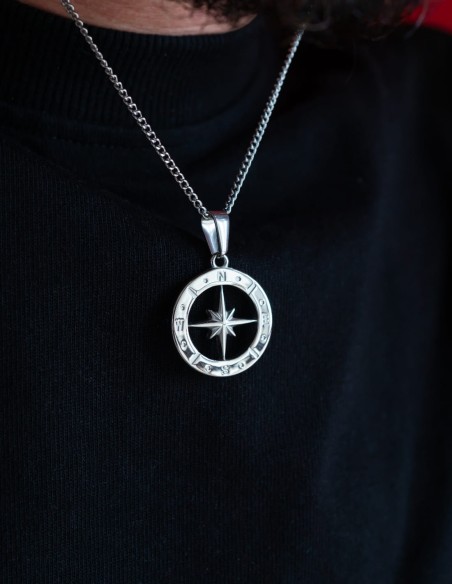 Collier Rose des vents argenté (boussole)
