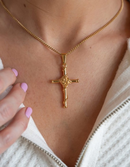 Collier Croix fleurie doré