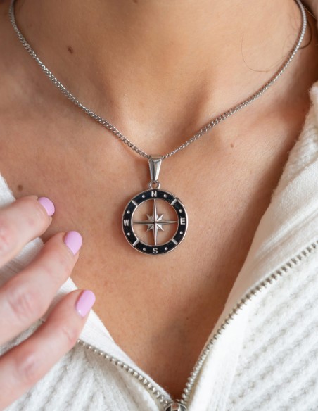 Collier Rose des vents argenté (boussole)