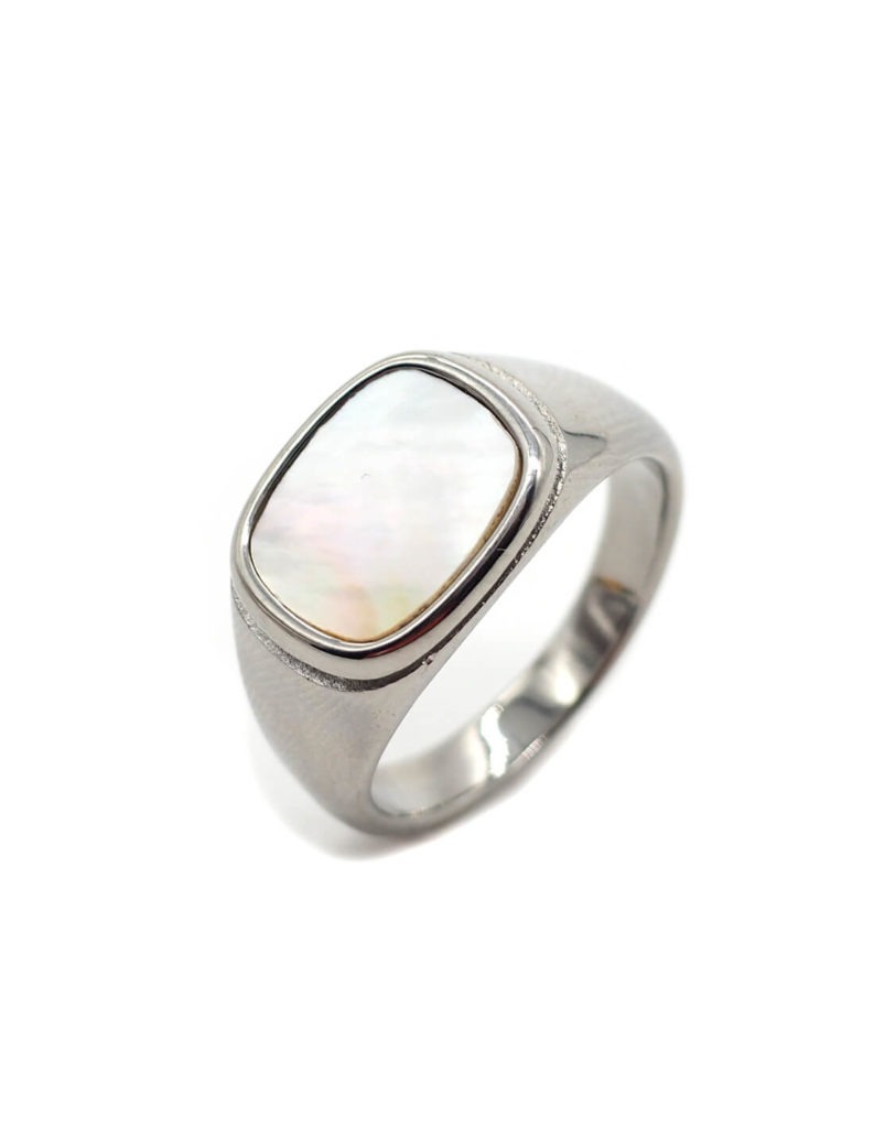 bague avec pierre nacre argente homme