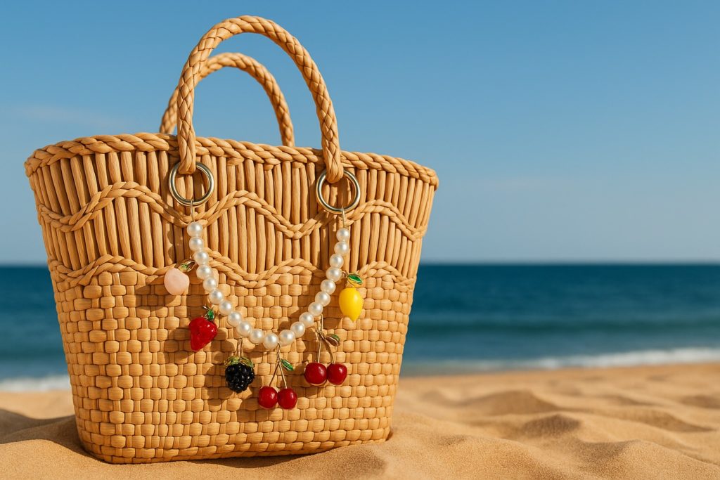 bijoux de sac chaine sur un sac de plage en osier
